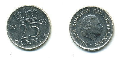 Нидерланды 25 центов 1969 Юлиана (1948-1980) KM 183 никель 76-516