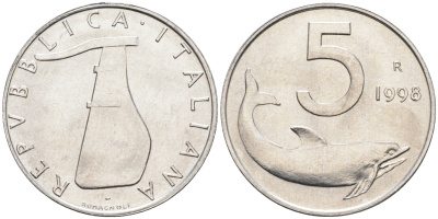 Италия 5 лир 1998 R, дельфин KM 92 алюминий  UNC  4594-753
