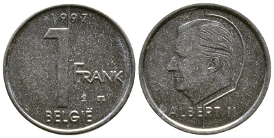БЕЛЬГИЯ 1 ФРАНК 1997 BELGIE, АЛЬБЕРТ II (1993-) KM 188 железо плакированное никелем 4110-1719