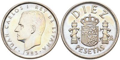 ИСПАНИЯ 10 ПЕСЕТ 1983 ХУАН КАРЛОС KM 827 медно-никель 4588-333