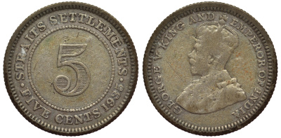 Стрейтс-Сетлментс 5 центов 1935 Георг V (1910-1936) КМ 36 серебро 53-558