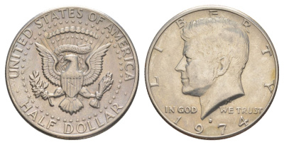 США 1/2 доллара (50 центов) 1974 D, Джон Кеннеди KM 202b медь плакированная медно-никелем aUNC 4123-141