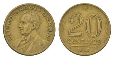 Бразилия 20 сентаво 1943 Жетулиу Варгас KM 556a алюминиевая бронза 4625-934
