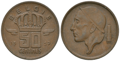 Бельгия 50 сантимов 1957 Belgie, Бодуэн I (1951-1993) KM 149.1 бронза 3458-1255