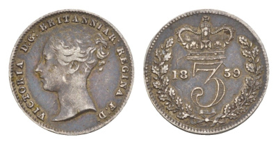 Великобритания 3 пенса 1859 Виктория (1837-1901) KM 730, Spink 3914 серебро 1531-1143