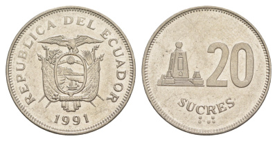 Эквадор 20 сукре 1991 KM 94.2 сталь плакированная никелем UNC 4641-724