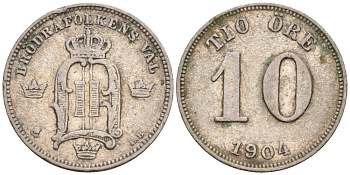 Швеция 10 эре 1904 ЕВ, Оскар II (1872-1907) король Швеции и Норвегии KM 755 серебро 188-1226
