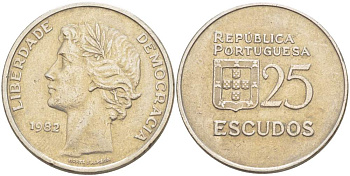 ПОРТУГАЛИЯ 25 ЭСКУДО 1982 KM 607а медно-никель 4521-1233