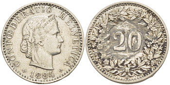 ШВЕЙЦАРИЯ 20 РАППЕНОВ 1884 В KM 29 никель 4525-935