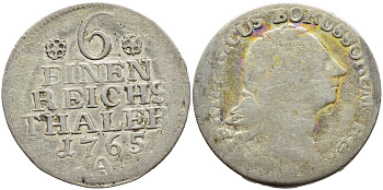 Пруссия 1/6 талера 1765 А, Фридрих II (1740-1786) KM 299, Olding 81 серебро 87-423