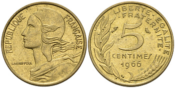 Франция 5 сантимов 1966 тип Marianne KM 933, LE FRANC 125.2 алюминиевая бронза    4602-553