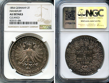 Франкфурт 2 талера = 3 1/2 гульдена 1854 в слабе NGC AU DETAILS Jaeger 23, Thun 131, AKS 2, Kahnt 182, KM 329, Davenport 641 серебро    15-024-04