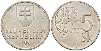 Словакия 5 крон 1993 MK KM 14 сталь плакировнная никелем 4586-1246