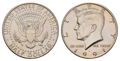 США 1/2 доллара (50 центов) 1991 P, Джон Кеннеди KM A202b медь плакированная медно-никелем UNC 4672-645