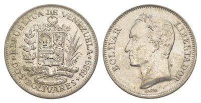 Венесуэла 2 боливара 1989 Симон Боливар Y 43a сталь плакированная никелем 4583-144
