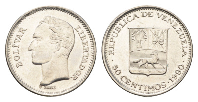 Венесуэла 50 сентимо 1990 Симон Боливар Y 41a сталь плакированная никелем UNC 4664-415