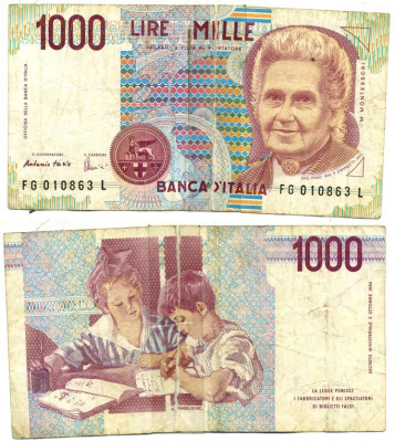 Италия 1000 лир 1990 Мария Монтессори Pick 114c 7484-17-3-2