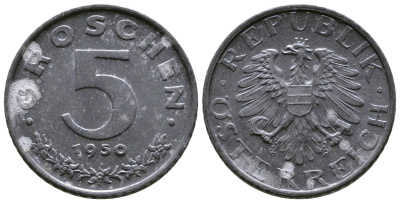 АВСТРИЯ 5 ГРОШЕЙ 1950 ПОСЛЕВОЕННАЯ ДЕСЯТИЧНАЯ ЧЕКАНКА KM 2875 цинк 57-1146
