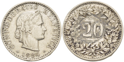 ШВЕЙЦАРИЯ 20 РАППЕНОВ 1884 В KM 29 никель 4525-935