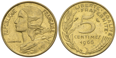 Франция 5 сантимов 1966 тип Marianne KM 933, LE FRANC 125.2 алюминиевая бронза    4602-553