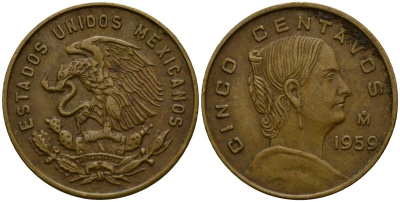 Мексика 5 сентаво 1959 Жозефа Ортис де Домингес KM 426 латунь 4189-732