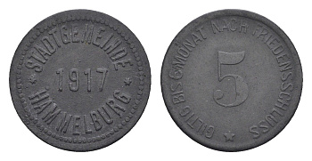 Хаммельбург 5 пфеннигов 1917 Funck 192.1, Men05 10738.1, Men18 13470.1 цинк 4516-216