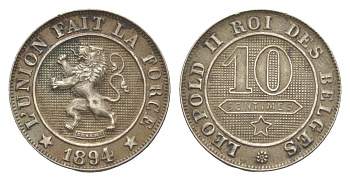 Бельгия 10 сантимов 1894 Belges, Леопольд II (1865-1909) KM 42 медно-никель 4169-464
