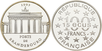 Франция 100 франков - 15 экю 1993 серия архитектурные монументы Европы (Бранденбургские ворота в Берлине), в коробке с сертификатом KM серебро  PROOF  7-6-1-43
