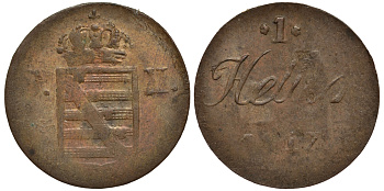 Саксен-Гильдбурггаузен 1 геллер 1817 Фридрих Саксен-Гильдбурггаузенский (1780-1826) Hollmann 189, Jaeger 303, AKS 165 медь 413-5732