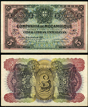 Мозамбик, Португальский 5 либрас эстерлинг (фунтов стерлингов) 1934 15 января 1934, перфорация PAGO 5.11.1942 Pick R32 бумага aUNC 00-00