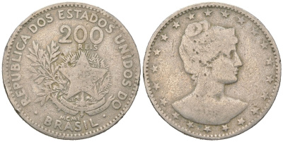 Бразилия 200 реалов 1901 MCMI, голова свободы вправо KM 504 медно-никель 4612-232