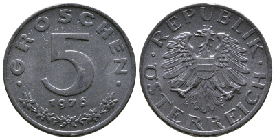АВСТРИЯ 5 ГРОШЕЙ 1976 KM 2875 цинк UNC 57-1217