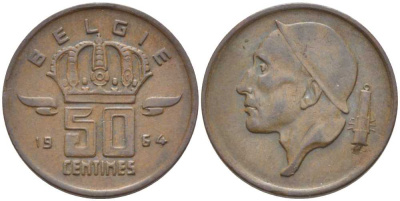БЕЛЬГИЯ 50 САНТИМОВ 1964 BELGIE, БОДУЭН I (1951-1993) KM 149.1 бронза 116-1029