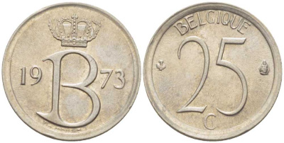 БЕЛЬГИЯ 25 САНТИМОВ 1973 BELGIQUE, БОДУЭН I (1951-1993) KM 153.1 медно-никель 214-438