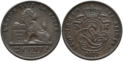БЕЛЬГИЯ 2 САНТИМА 1870 BELGES KM 35.1 медь 95-651