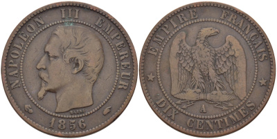 Франция 10 сантимов 1856 A, Наполеон III (1852-1870) KM 771.1, Le Franc 133.32 бронза 3460-236