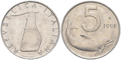 Италия 5 лир 1998 R, дельфин KM 92 алюминий  UNC  4594-724