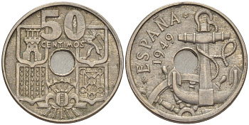 Испания 50 сентимо 1949 (56) Франко (1939-1975), морская атрибутика KM 777 медно-никель 216-525