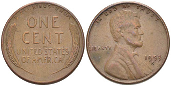 США 1 ЦЕНТ 1953 S, ЛИНКОЛЬН KM А132 медь цинк 218-624