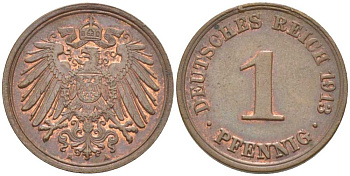 ГЕРМАНИЯ 1 ПФЕННИГ 1913 A KM 10, J. 10, Weege 2 медь 211-465