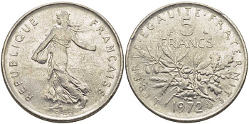 ФРАНЦИЯ 5 ФРАНКОВ 1972 СЕЯТЕЛЬ KM 926а.1, LE FRANC 341.4 медно-никель плакированный никелем 111-1142