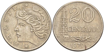 Бразилия 20 сентаво 1970 голова Свободы влево KM 579.2, Schon 84a медно-никель 4514-1044