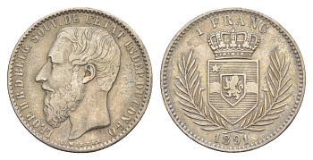 Бельгийское Конго 1 франк 1891 Свободное государство Конго, Леопольд II (1865-1909) KM 6 серебро 1518-1232