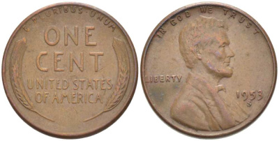 США 1 ЦЕНТ 1953 S, ЛИНКОЛЬН KM А132 медь цинк 218-624
