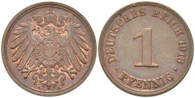 ГЕРМАНИЯ 1 ПФЕННИГ 1913 A KM 10, J. 10, Weege 2 медь 211-465