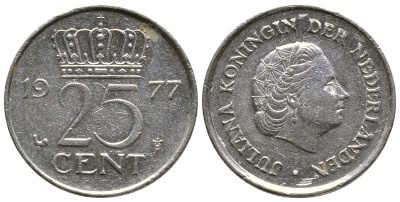 Нидерланды 25 центов 1977 Юлиана (1948-1980) KM 183 никель 4383-1119