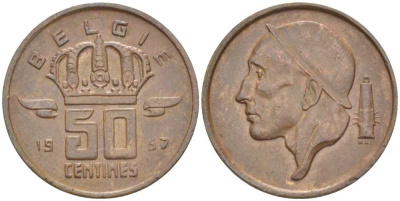 Бельгия 50 сантимов 1957 Belgie, Бодуэн I (1951-1993) KM 149.1 бронза 206-141