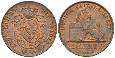 Бельгия 2 сантима 1876 Belges, Леопольд II (1865-1909) KM 35.1 медь aUNC 4044-224