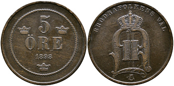 Швеция 5 эре 1898 Оскар II (1872-1907) король Швеции и Норвегии KM 757 бронза 54-1226