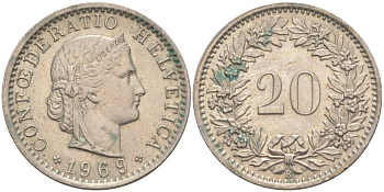 Швейцария 20 раппенов 1969 В KM 29а медно-никель 55-915
